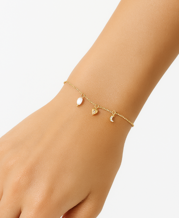 Dangling Pearl Heart Moon Bracelet