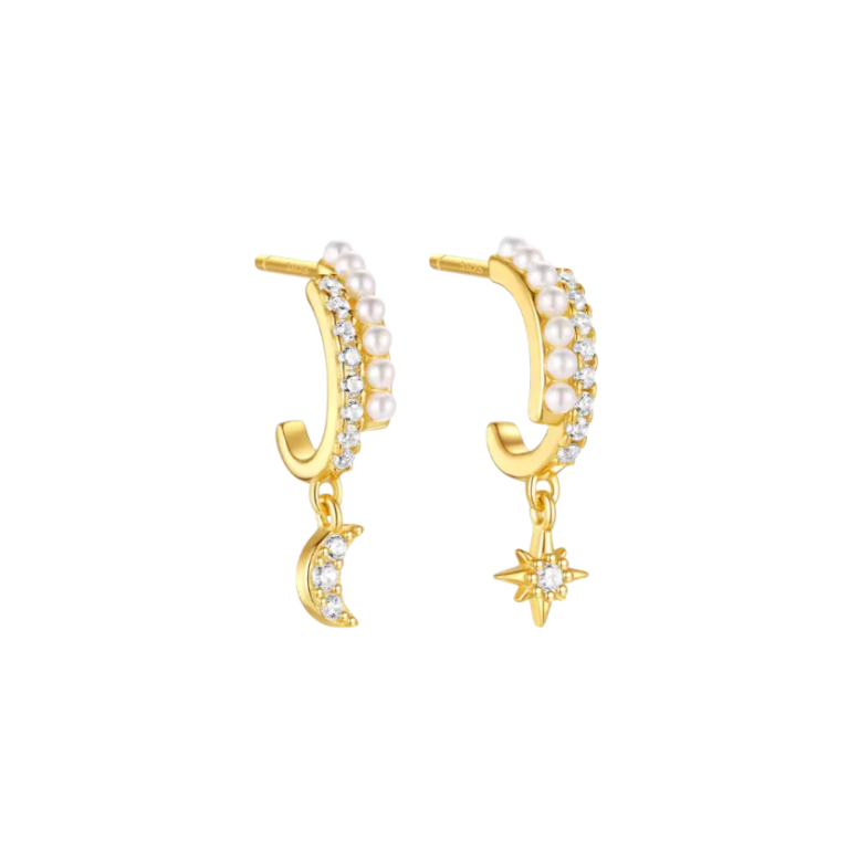 Double Pearl Pavé Dangling Moon Star Hoops