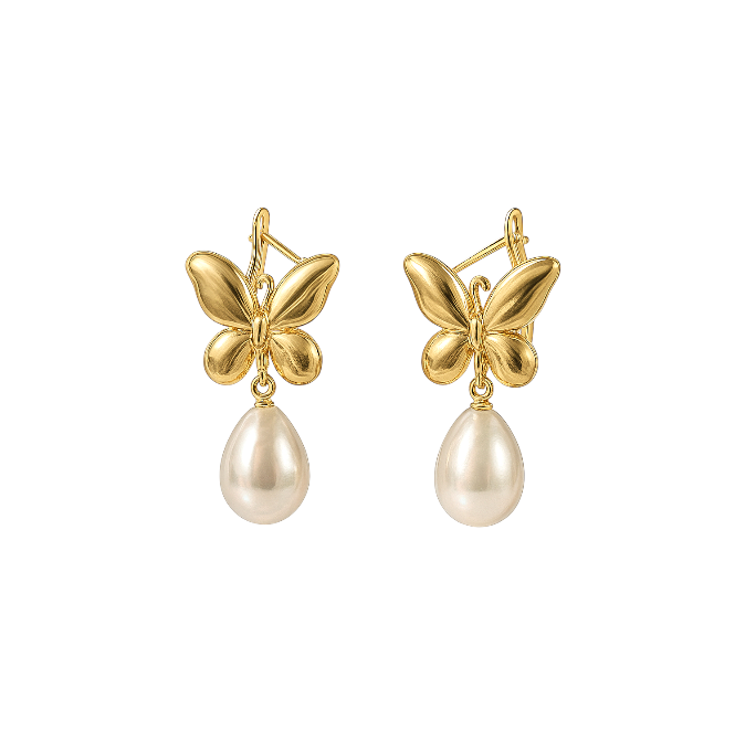 Golden Butterfly Pearl Drop Earrings