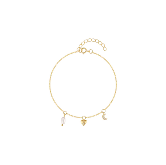 Dangling Pearl Heart Moon Bracelet