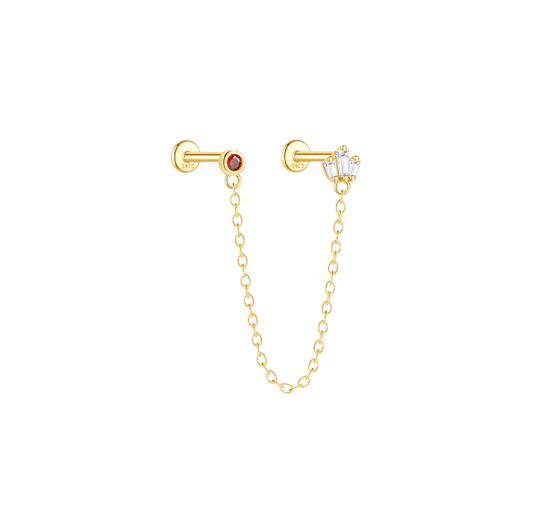 Chain on Red Stone & Triple Baguettes Studs Earring