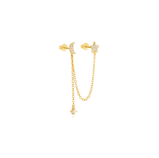 Chain on Star & Moon Stud Earring