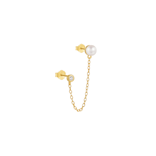 Chain on Pearl & Circle Stone Studs Earring