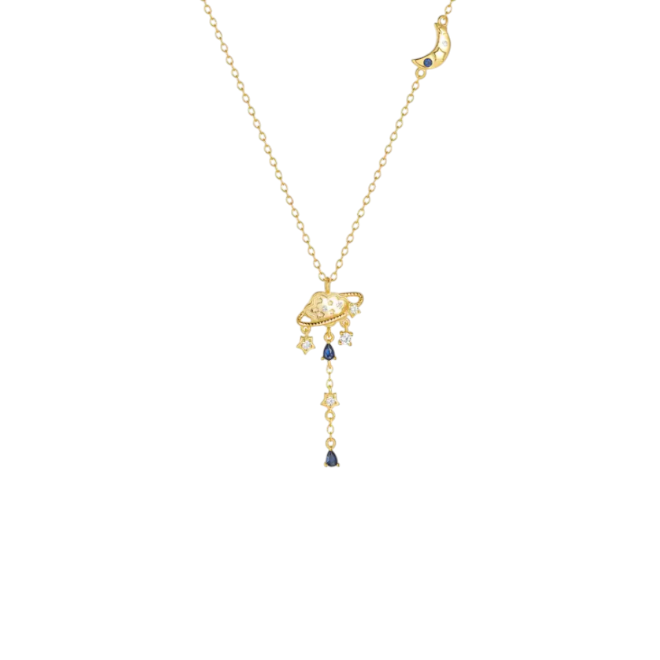 Royal Blue Galaxy Moon Lariat Necklace