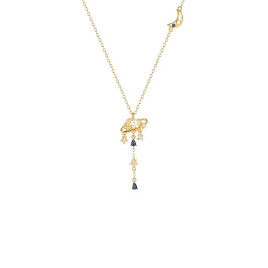 Royal Blue Galaxy Moon Lariat Necklace