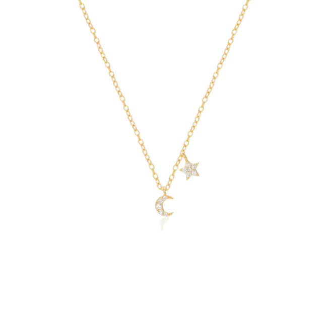 Dangling Pavé Moon Star Charms Necklace