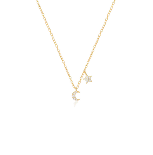 Dangling Pavé Moon Star Charms Necklace