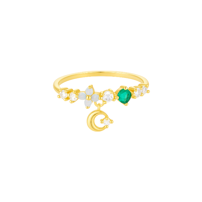 Four Petals Green Stone Multi Stones with Dangling Moon Ring
