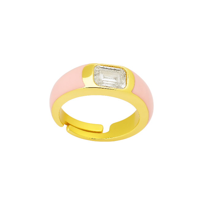 Light Pink Enamel Crystal Baguette Band Ring