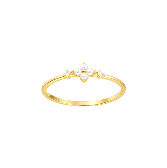 Pearl Four Petals Double Circle Stones Ring