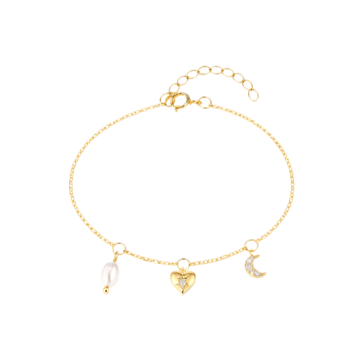 Dangling Pearl Heart Moon Bracelet