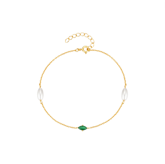 Green Marquise Double Pearls Bracelet