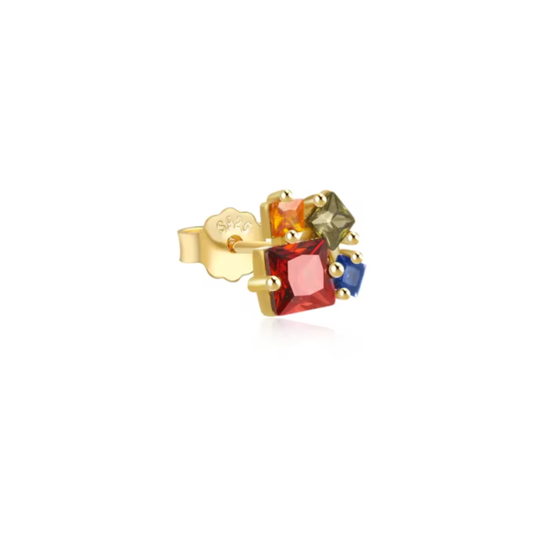 Red Square with Mini Triple Colorful Squares Stud Earring