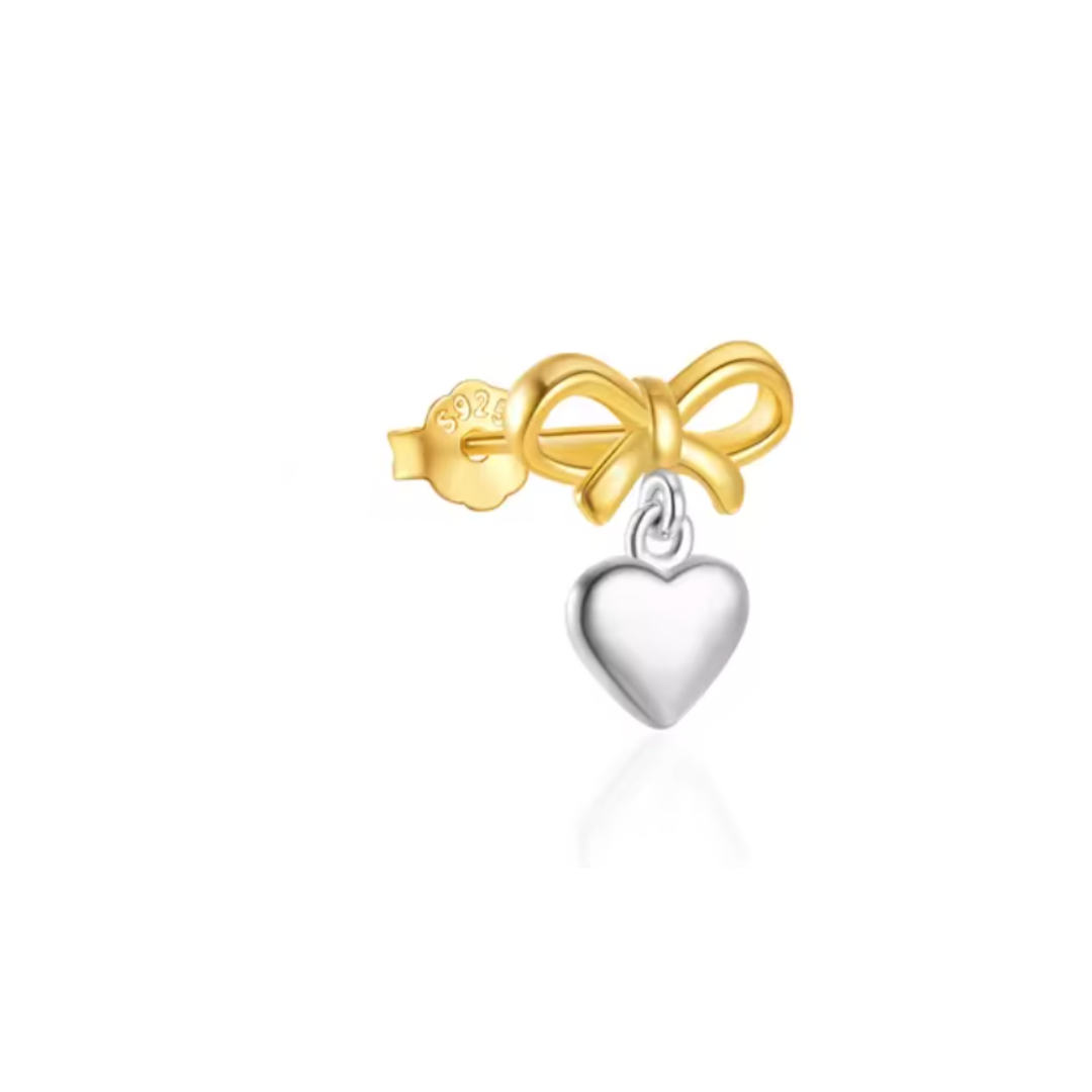 Gold Bow with Silver Dangling Heart Stud Earring