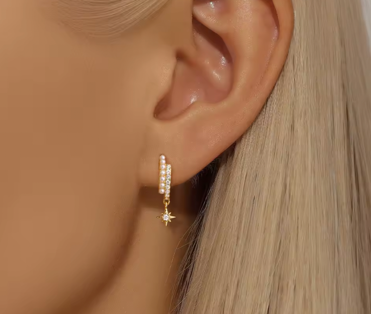 Double Pearl Pavé Dangling Moon Star Hoops