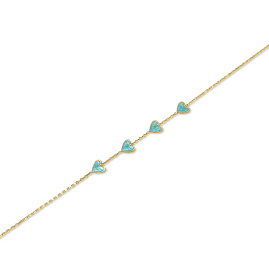 Four Glittery Turquoise Hearts Anklet