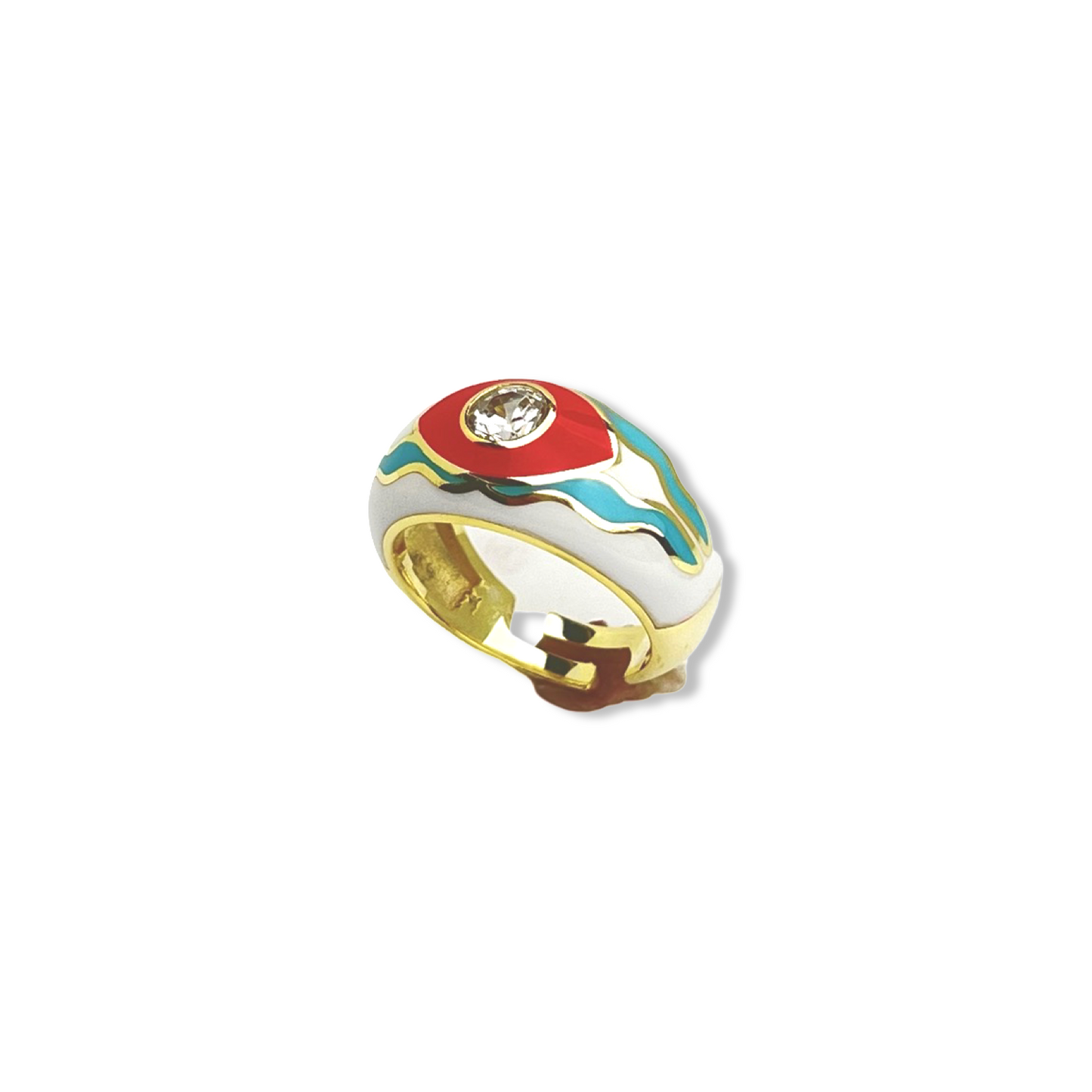 Red Enamel Eye Blue Waves Dome Ring