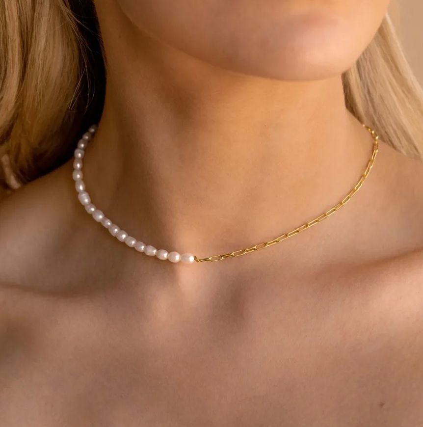 Half Pearls Half Paperclip Necklace